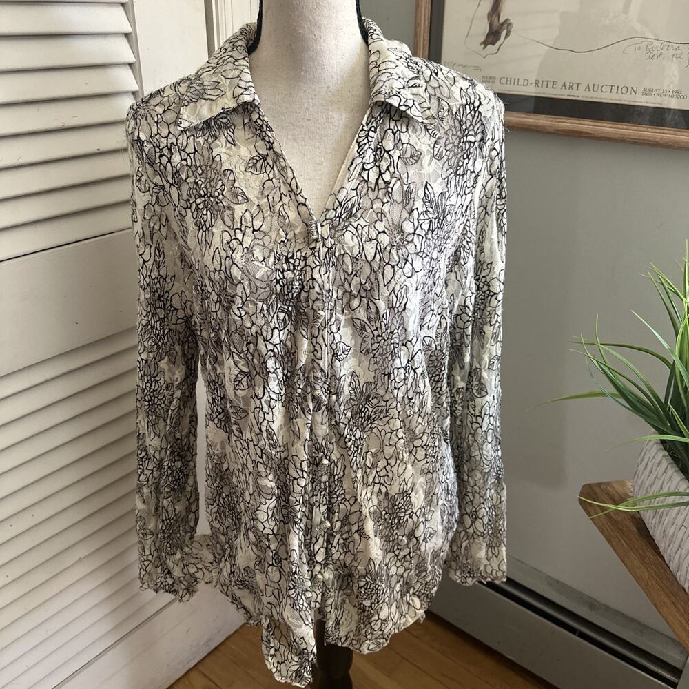 Cydney Mar Top Womens Large White Black Sheer Mesh Edgy Artsy Indie Boho Chic